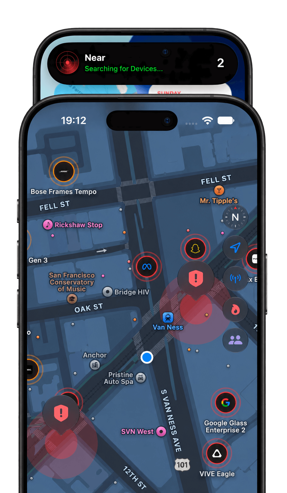 Near showing possible smart glasses on a map and a live scanning activity